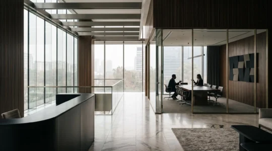 Vue d'ensemble d'un environnement de gestion patrimoniale haut de gamme illustrant l'exclusivité et la sophistication des services bancaires privés