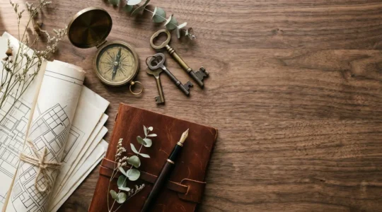 Photographie éditoriale d'une composition symbolique évoquant la planification patrimoniale et l'analyse financière