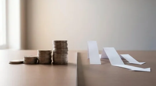 Bilan patrimonial avec colonne actifs et passifs sur un bureau professionnel