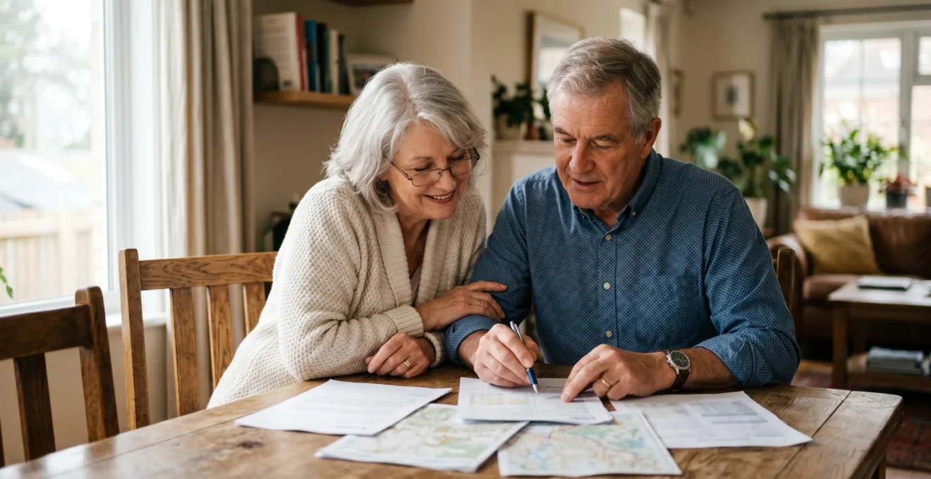 Couple mature planifiant leur transmission patrimoniale avec documents financiers