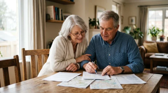Couple mature planifiant leur transmission patrimoniale avec documents financiers