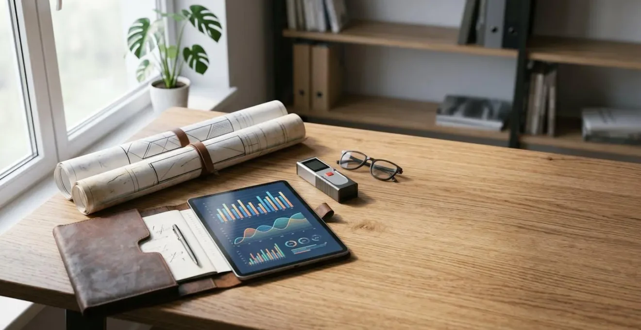 Vue d'ensemble d'une évaluation immobilière professionnelle avec documents et outils d'expertise