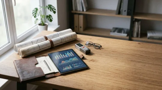 Vue d'ensemble d'une évaluation immobilière professionnelle avec documents et outils d'expertise