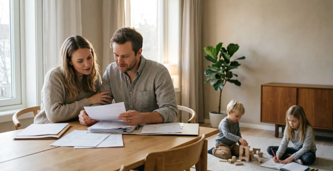 Famille de quatre personnes dans un environnement domestique chaleureux symbolisant la sécurité financière et la planification budgétaire