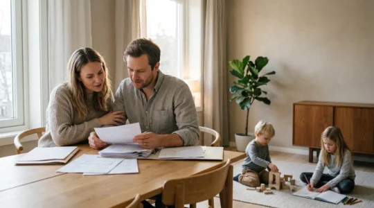 Famille de quatre personnes dans un environnement domestique chaleureux symbolisant la sécurité financière et la planification budgétaire