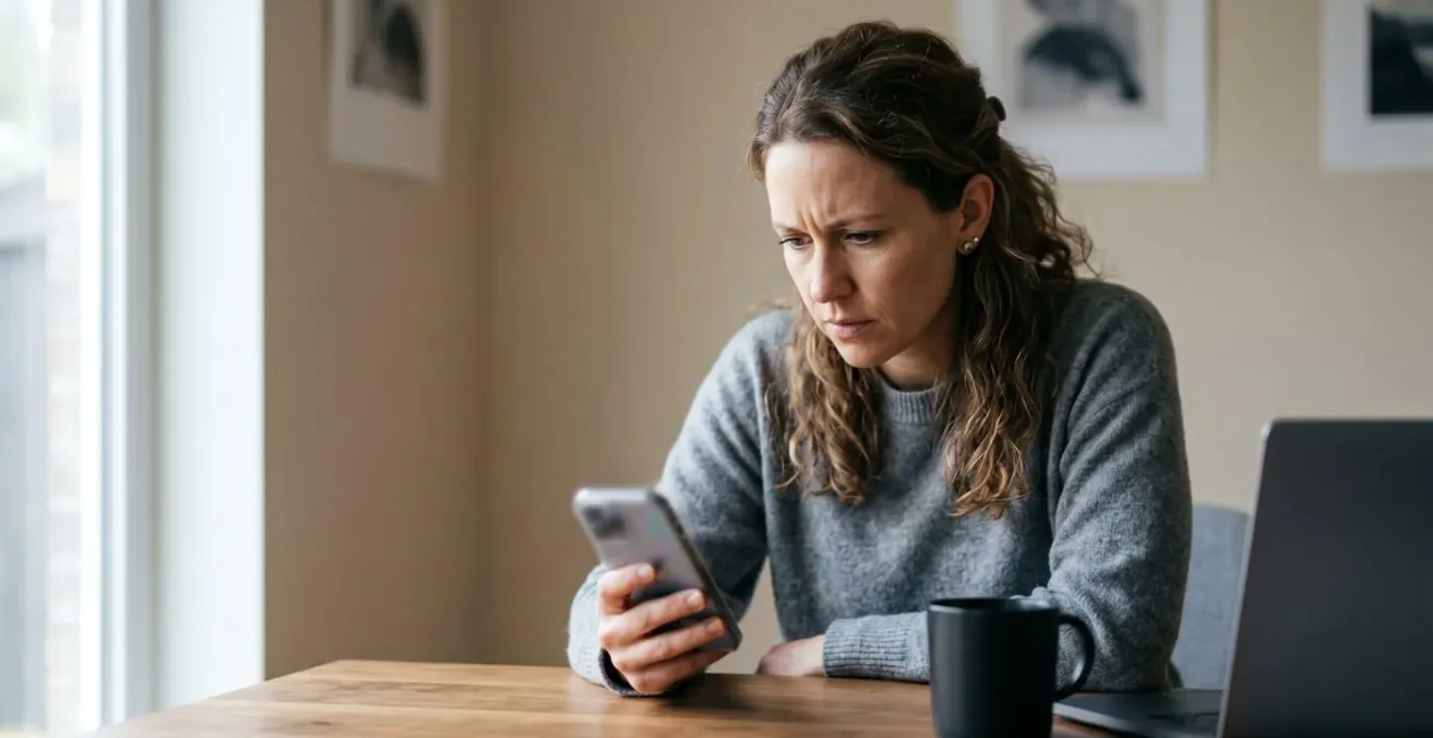 Personne consultant son téléphone avec inquiétude dans un environnement domestique minimaliste symbolisant un besoin financier urgent