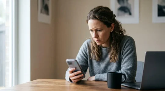 Personne consultant son téléphone avec inquiétude dans un environnement domestique minimaliste symbolisant un besoin financier urgent
