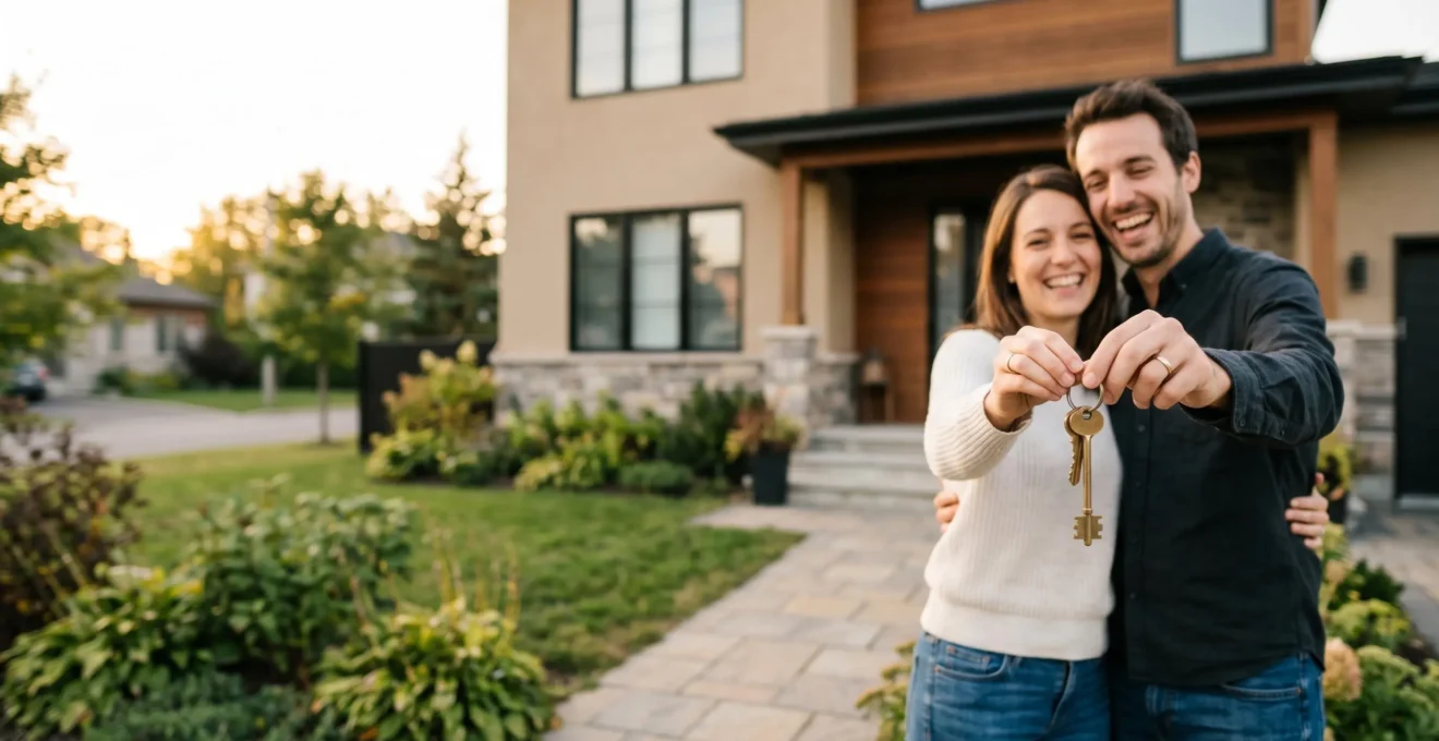 Jeune couple souriant tenant des clés devant leur première maison, symbolisant l'accession à la propriété sans apport