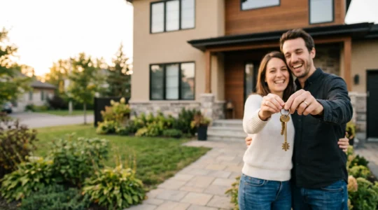 Jeune couple souriant tenant des clés devant leur première maison, symbolisant l'accession à la propriété sans apport