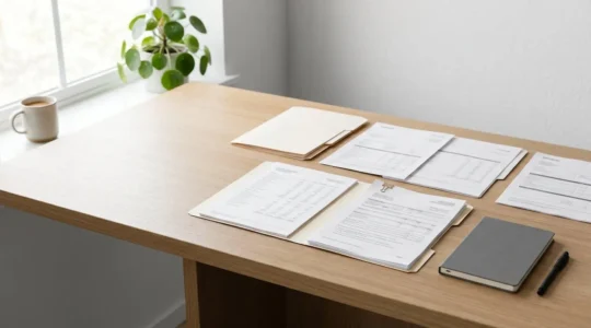 Dossier bancaire sur un bureau avec relevés de compte et documents officiels pour demande de crédit immobilier