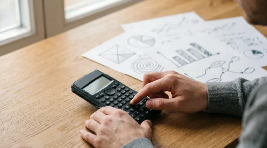Gros plan sur des mains pianotant sur une calculatrice moderne avec des notes manuscrites financières en arrière-plan flou