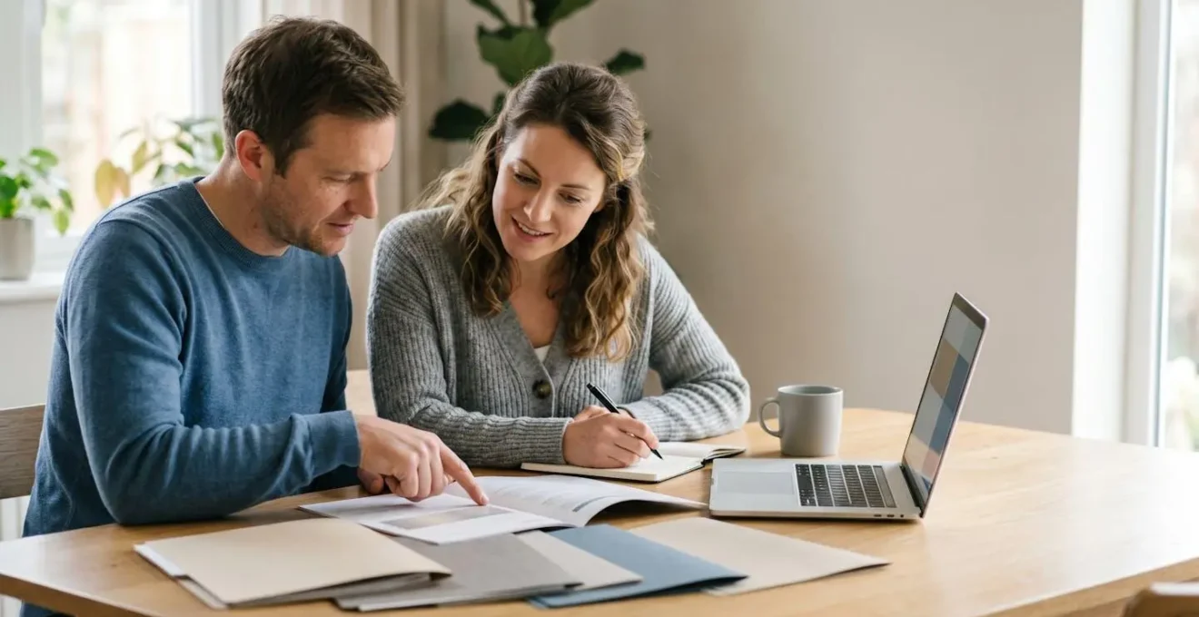 Couple consultant des documents bancaires pour leur plan epargne logement et projet immobilier