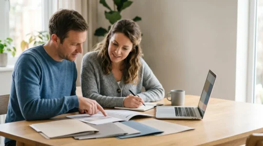 Couple consultant des documents bancaires pour leur plan epargne logement et projet immobilier