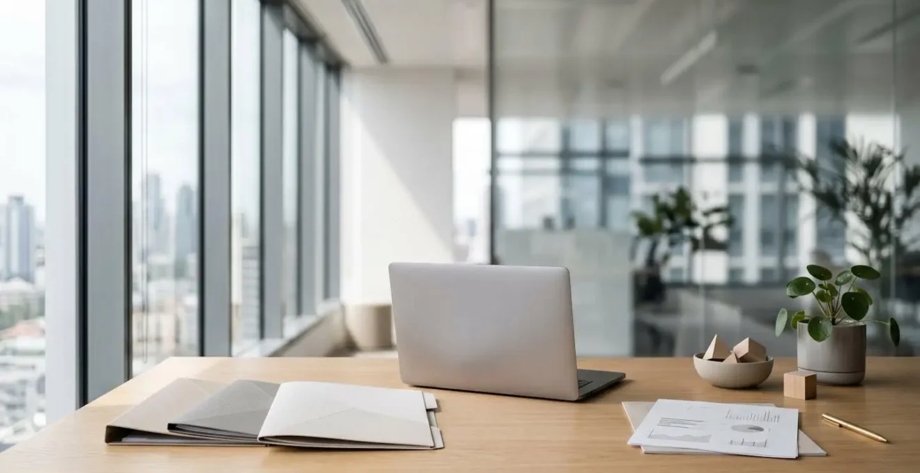 Vue d'ensemble d'un espace de décision financière avec documents et protection symbolique