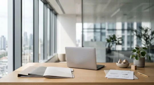 Vue d'ensemble d'un espace de décision financière avec documents et protection symbolique