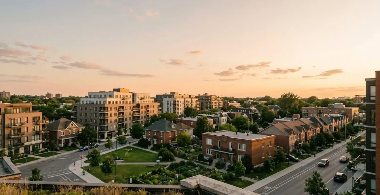Vue architecturale d'un quartier urbain moderne avec espaces verts intégrés illustrant les choix stratégiques immobiliers