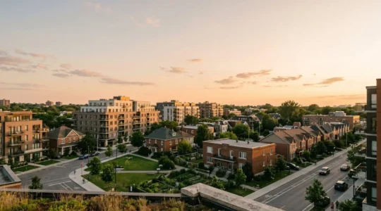 Vue architecturale d'un quartier urbain moderne avec espaces verts intégrés illustrant les choix stratégiques immobiliers